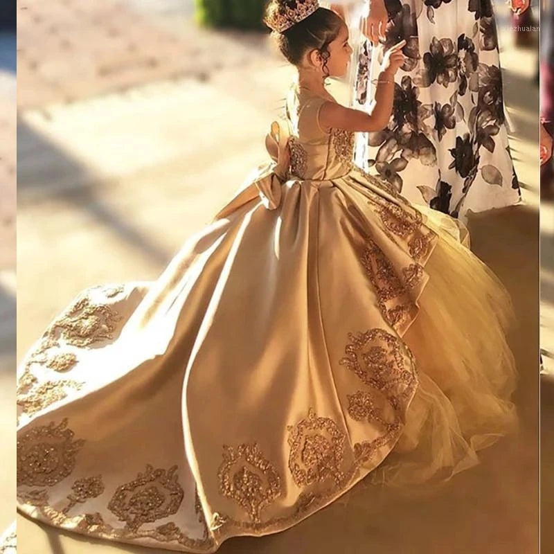Flower Girl Dresses for Wedding Lace Floral Appliqued Little Girls Pageant Dress Tiered Skirts vestidos de desfile