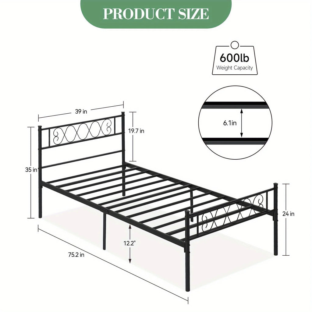 Twin-Sized Metal Bed Frame with a Headboard And Footboard Showcasing an Iron Heart Motif, Designed As a Platform Bed That Doesn
