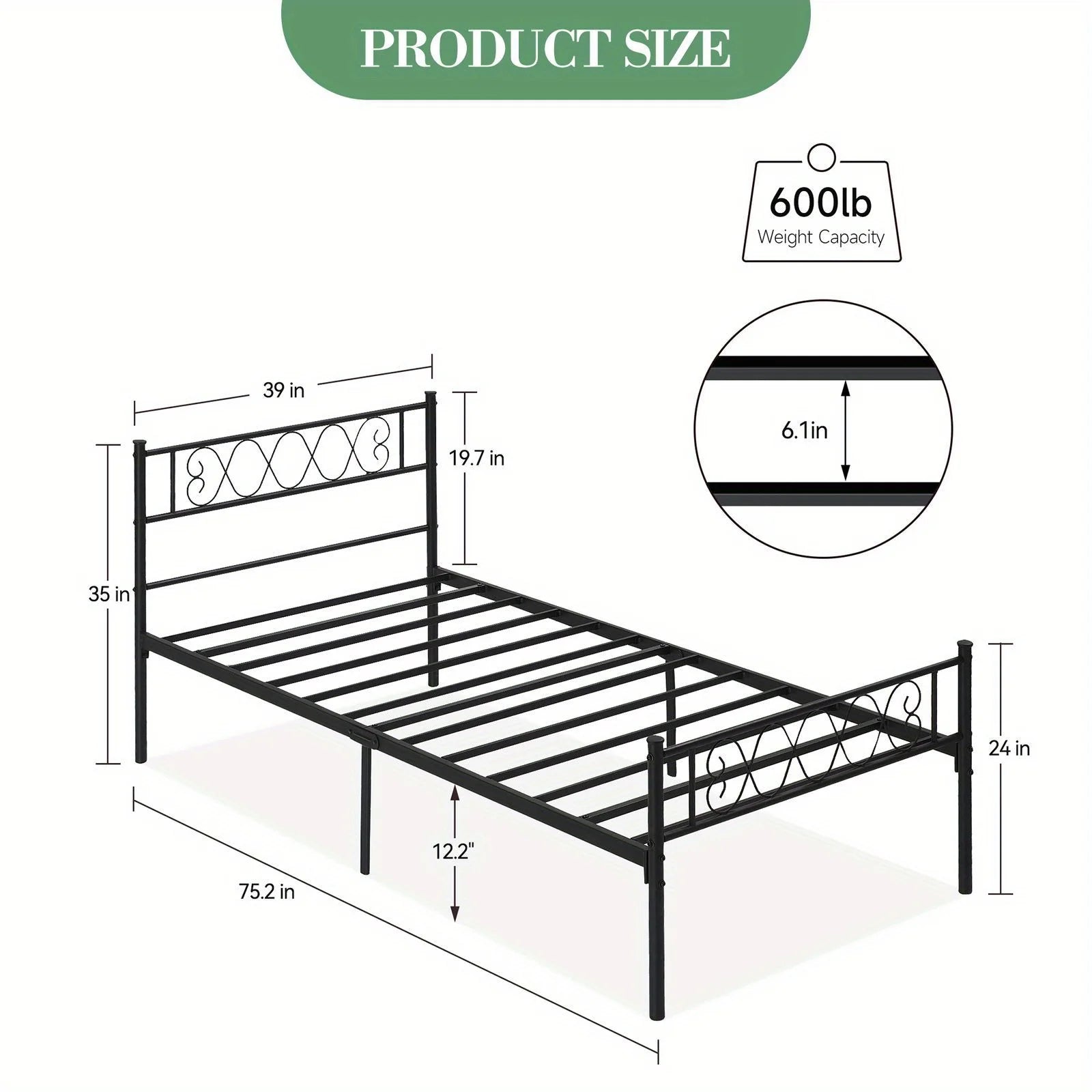 Twin-Sized Metal Bed Frame with a Headboard And Footboard Showcasing an Iron Heart Motif, Designed As a Platform Bed That Doesn