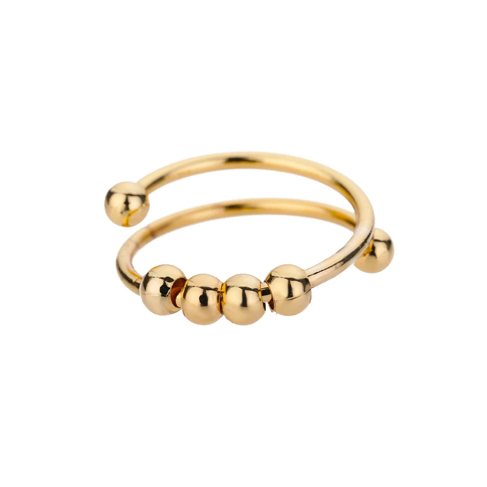 Anxiety Beads Rings for Women Gold Color Stainless Steel Open Spinner Adjustable Finger Ring Rotating Freely Anti Stress Jewelry