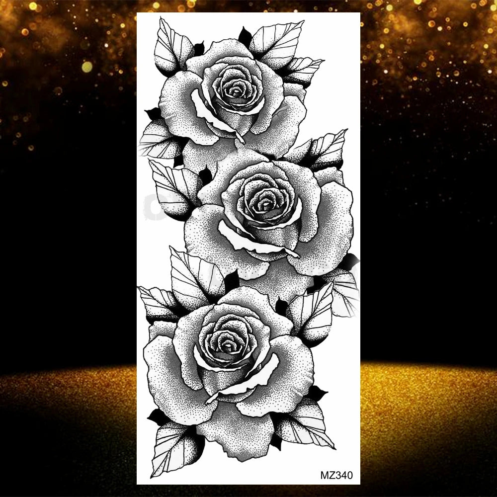 Realistic Black Rose Flower Temporary Tattoos Fake Waterproof Tatoo Body Art Arm Leg Floral Peony Bloosom Tattoo Stickers Makeup