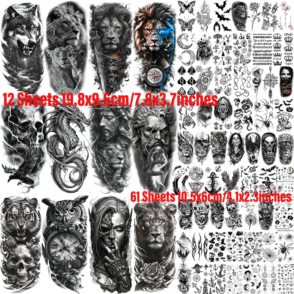 73 Sheets Cool Lion Wolf Temporary Tattoos For Men Women Waterproof Jesus Zeus Tatoos Realistic Fake Tattoo Arm Hands Stickers