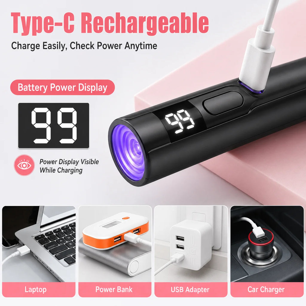 Rechargeable Mini UV LED Nail Lamp with Smart Display Portable Fast-Drying Nail Dryer Stand for Manicure Removable Desk UV Light