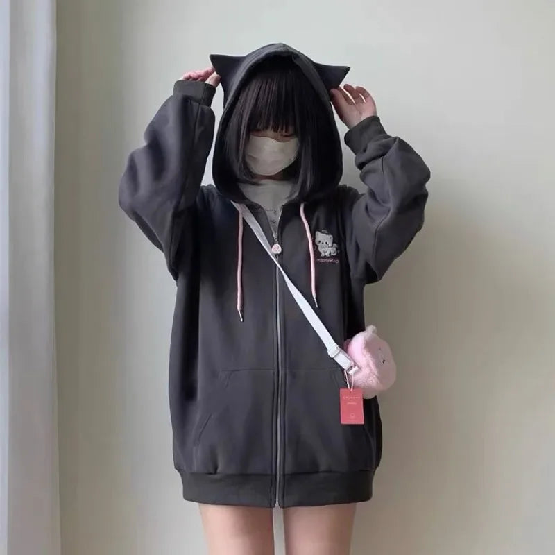 America Cartoon Cat Embroidery Cardigan Y2k Hooded Zipper Sweatshirt Women Streetwear Aesthetics Grunge Sweet Tops Harajuku Coat