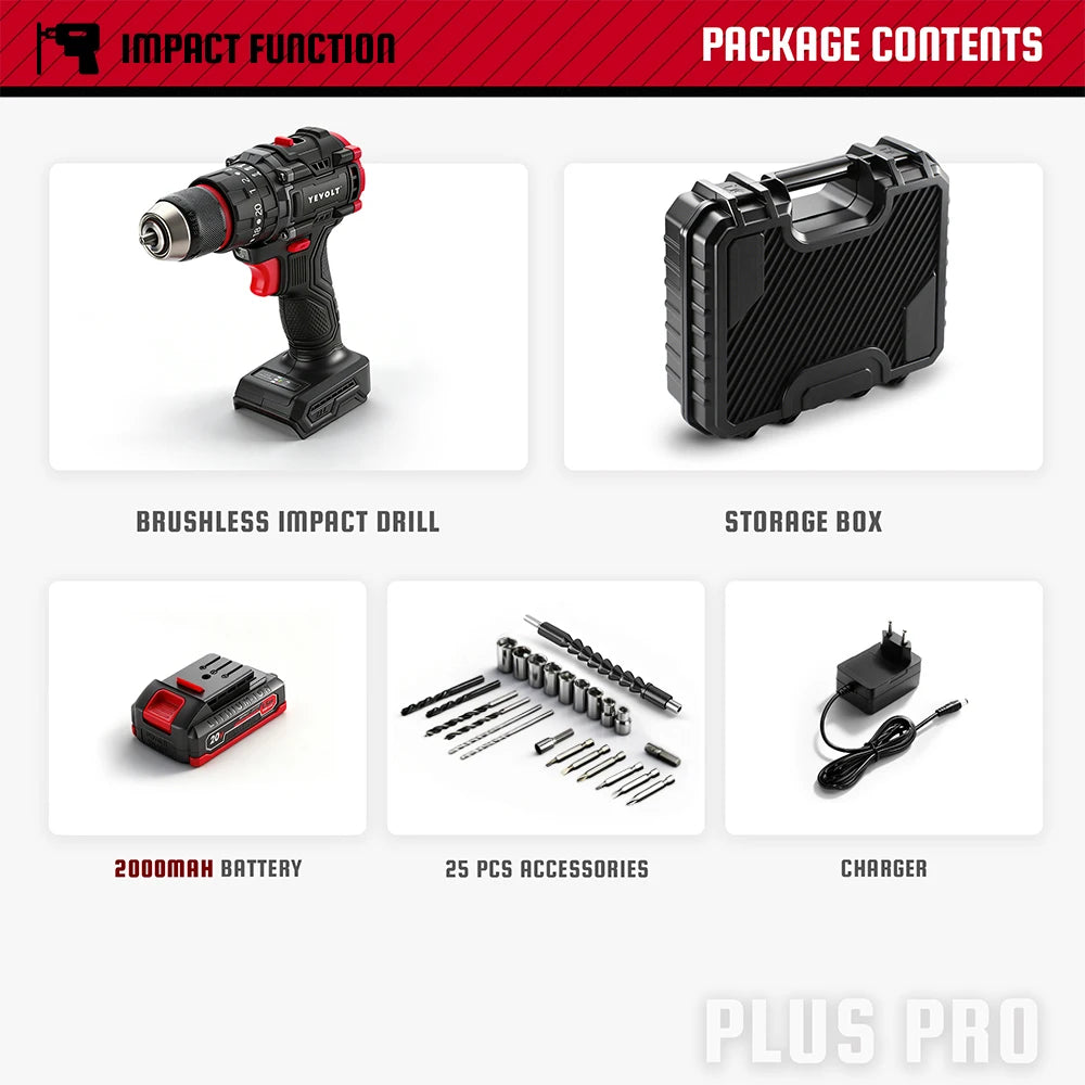 YEVOLT Electric Drill 20V Brushless Li-ion Compact Cordless 21+1 Driver Handheld Screwdriver Power Tools YVGBD20DU2 Series