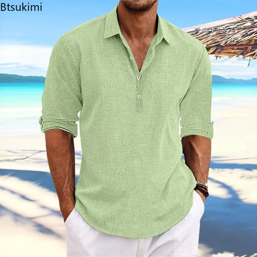 2026 Summer High Quality Men's Casual Cotton Linen Long Sleeve Shirt Solid Color Lapel Button Loose Tops Business Casual Blouse