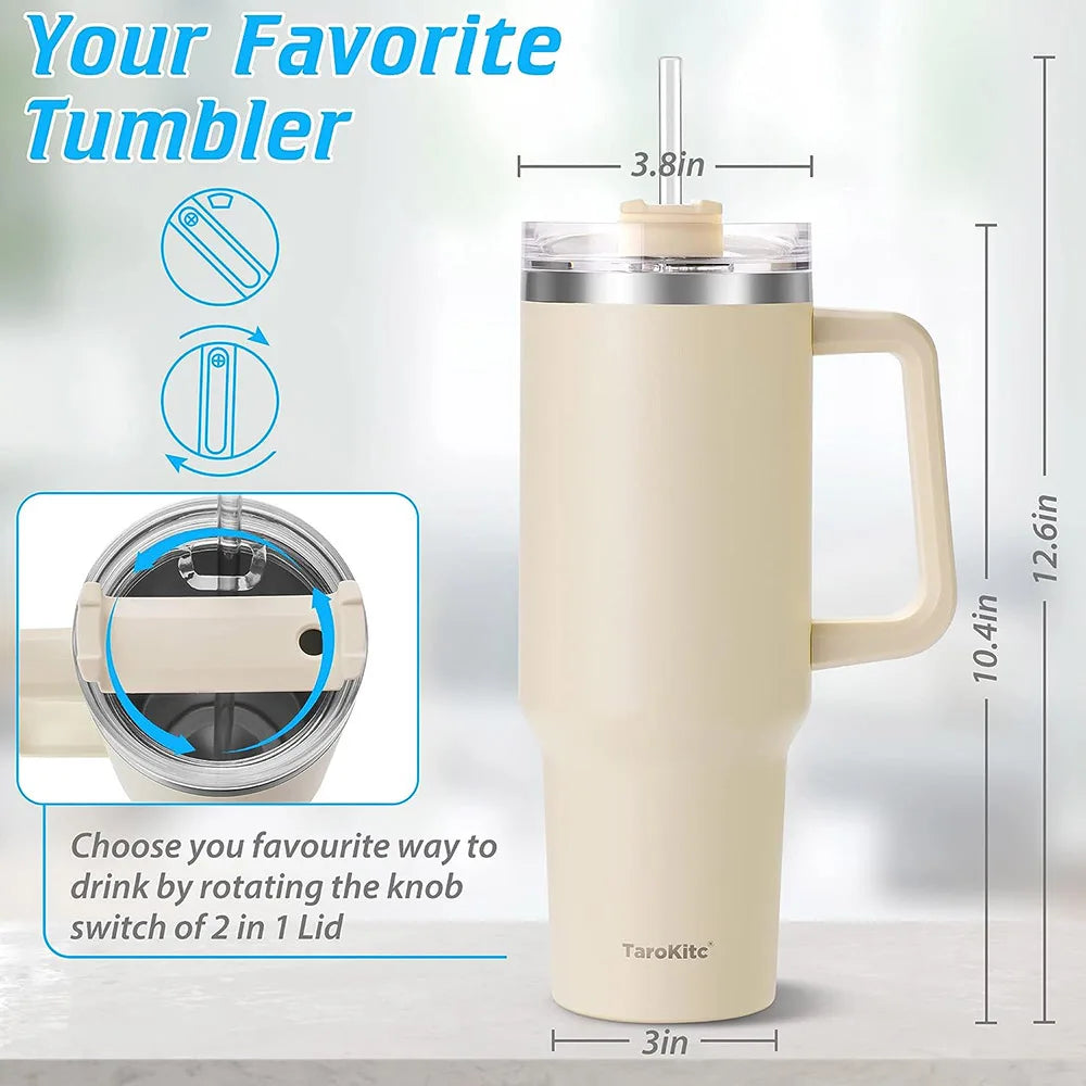 40oz Tumbler with Handle and Straw, Pink Insulated Travel Mug Iced Coffee Cup, Reusable Stainless Steel Insulated Water Bottle