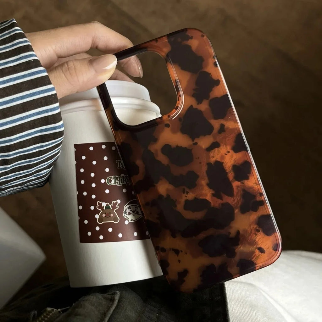 Retro Amber Texture Laser Phone Case For iPhone 17 16 Pro Max 15 14 13 12 11 XS XR 7 8 Plus 16E Stylish Leopard Print Soft Cover