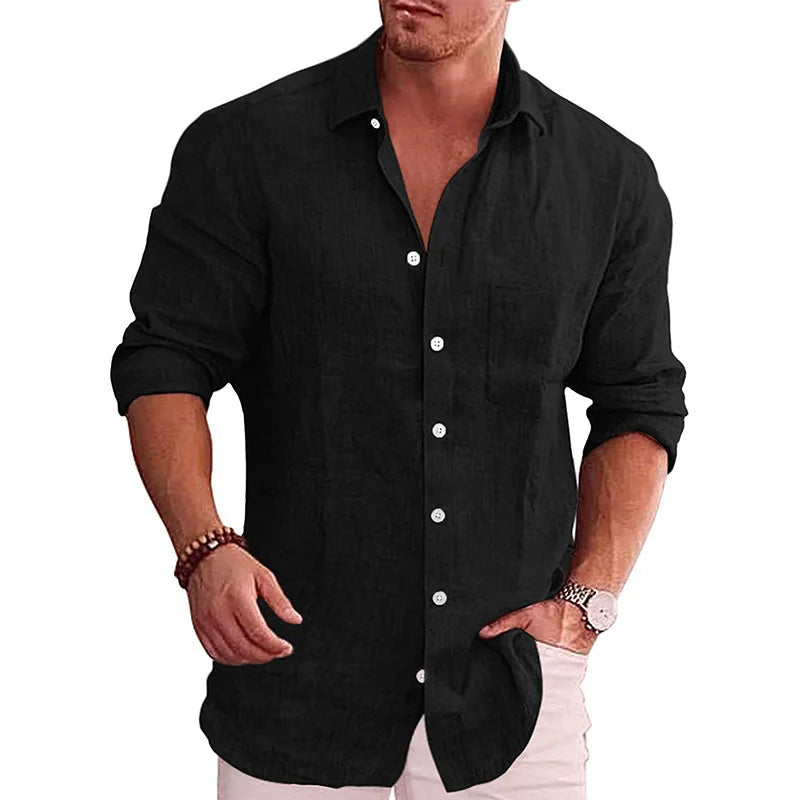 Men's Loose Solid Color Shirt Linen Lapel Long Sleeve Casual