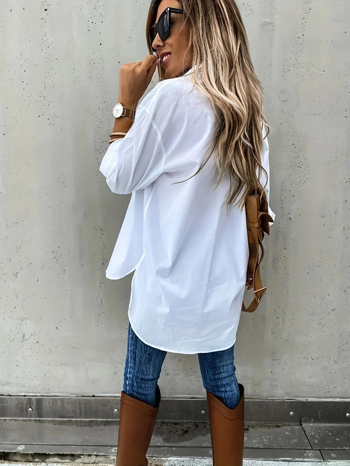 Plus Size 1XL-5XL Women Casual Loose and Simple Long Sleeved Shirt Fashion Solid Color Lapel Shirt Pocket Decoration Shirt