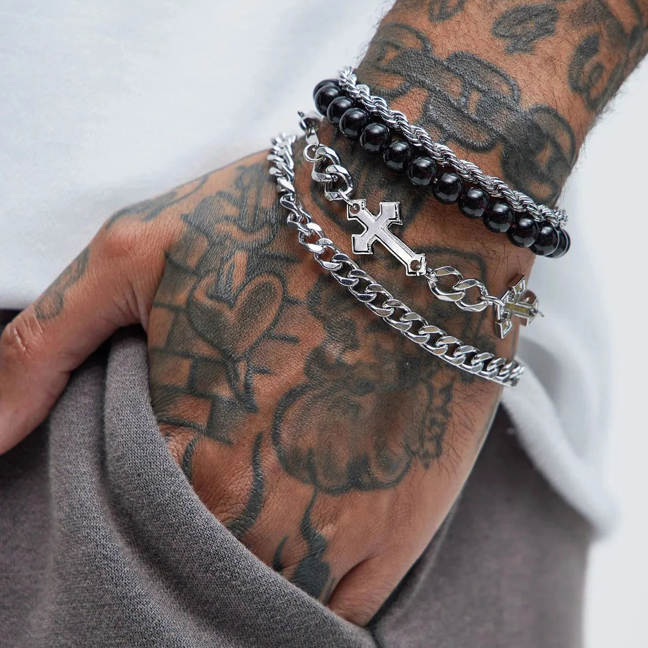 4 Pcs Stainless Steel Bracelet Set For Men Women Punk Fashion Cross Beads Chain Bracelets Simple Hip Hop Unisex Jewelry Gift New