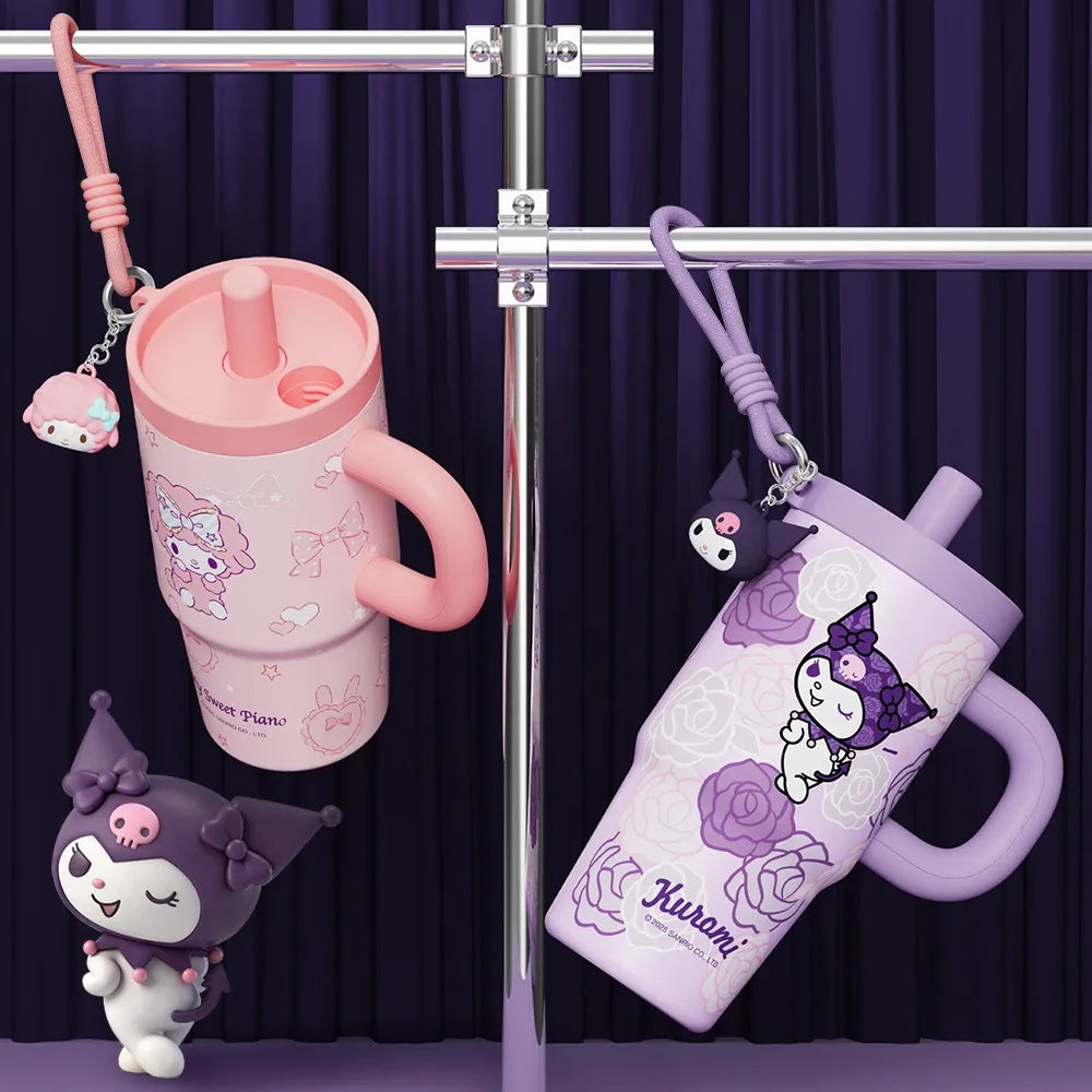 X&W Sanrio Thermos Cup Stainless Steel Straw Insulated Bottle with Handle Cartoon HelloKitty Coffee Mug Keep Hot/Cold Travel Cup