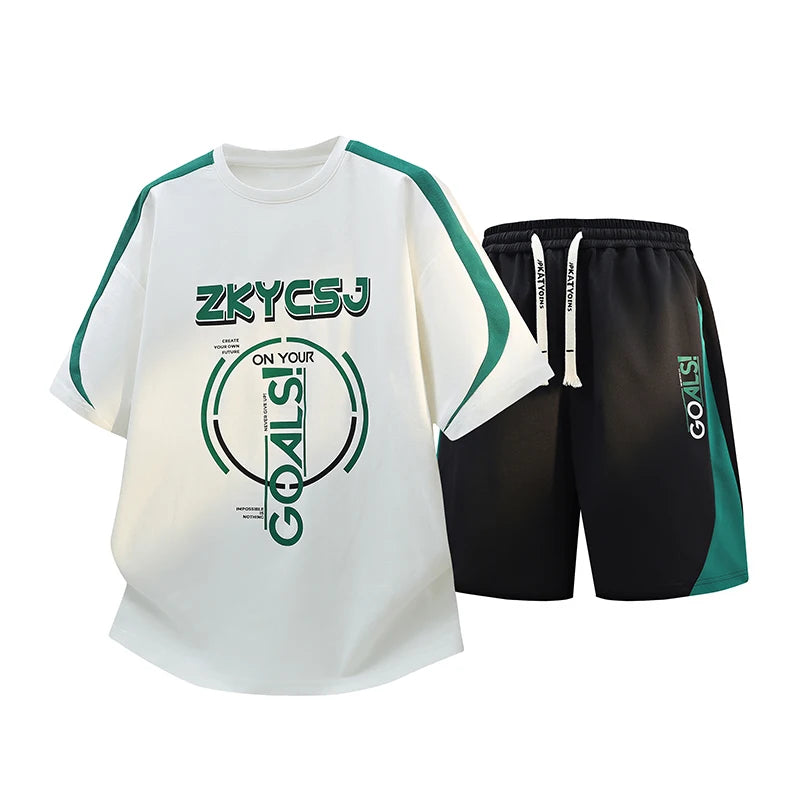 High Streetwear Short Sleeve T-Shirts & Shorts Men's Sets 2026 Summer Youth Casual Tops Tees & Knee-Length Pant 2-Piece Clothing