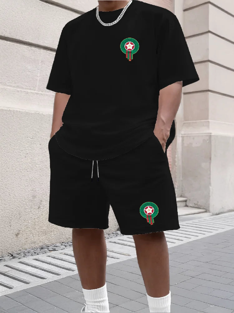 Youth Men's Fashionable Casual Sports Two-Piece Set Print Summer Short-Sleeved T-Shirt And Shorts Ensemble
