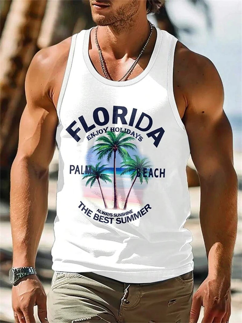 New Summer Casual Men's Sleeveless T-shirt Hawaiian Style Men's Fashion Crew Neck Tank Top Outdoor Beach Men's Tank Top clothes