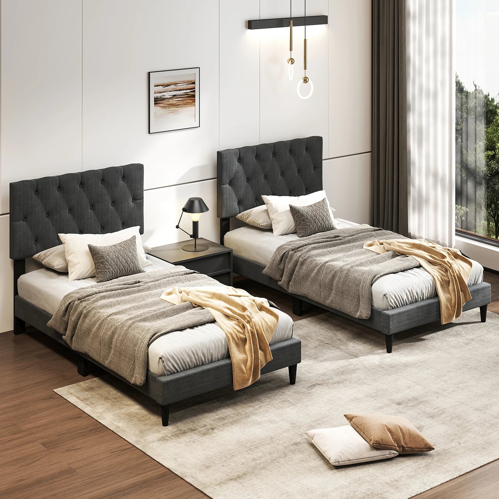 Twin Size Bed Frame with Button-Tufted Headboard & Wooden Slats Easy Assembly