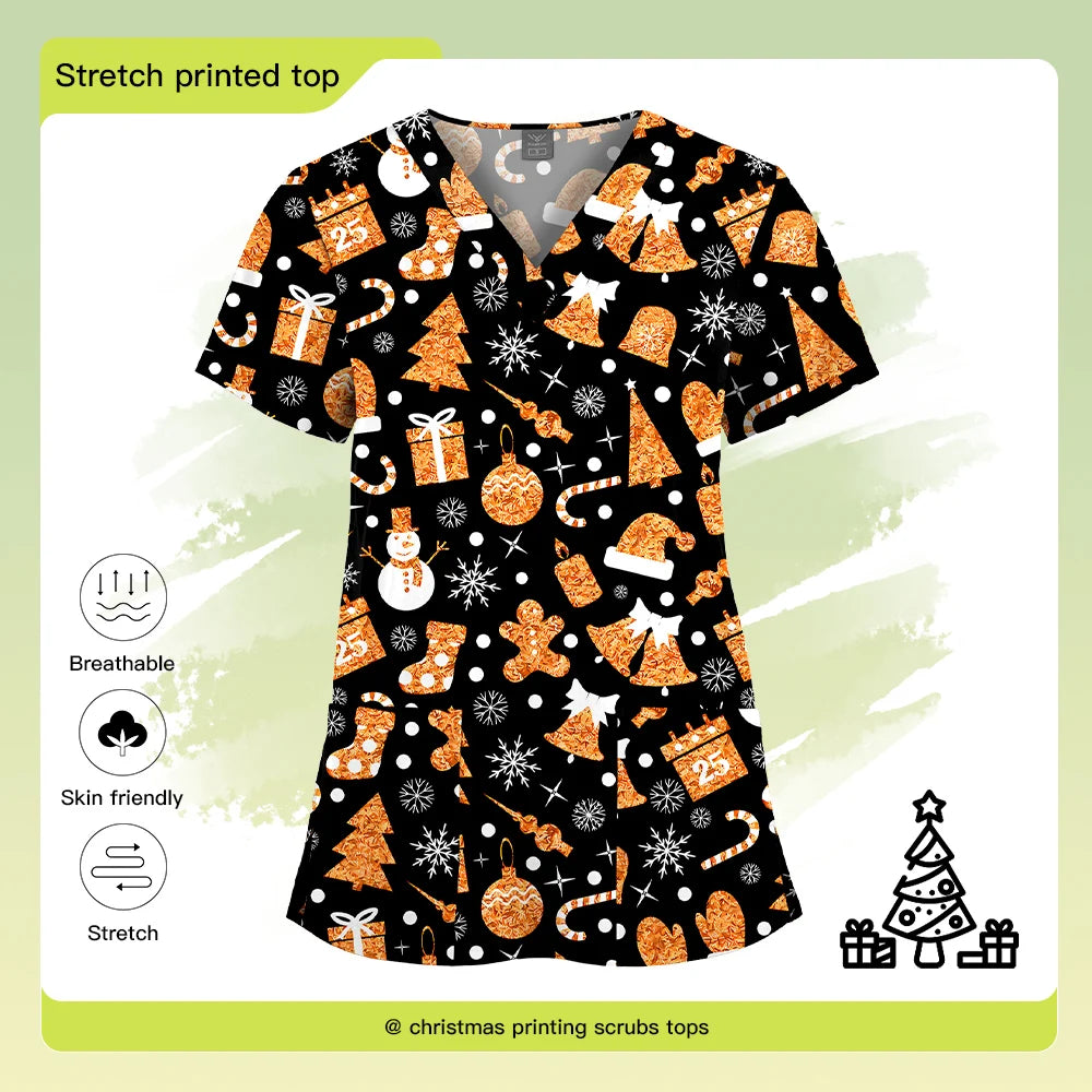 Christmas Print Scrubs Tops Women Short Sleeve V-neck Blouse Nurse Uniforms T-Shirt Medical Working Uniform Veterinary Workwear
