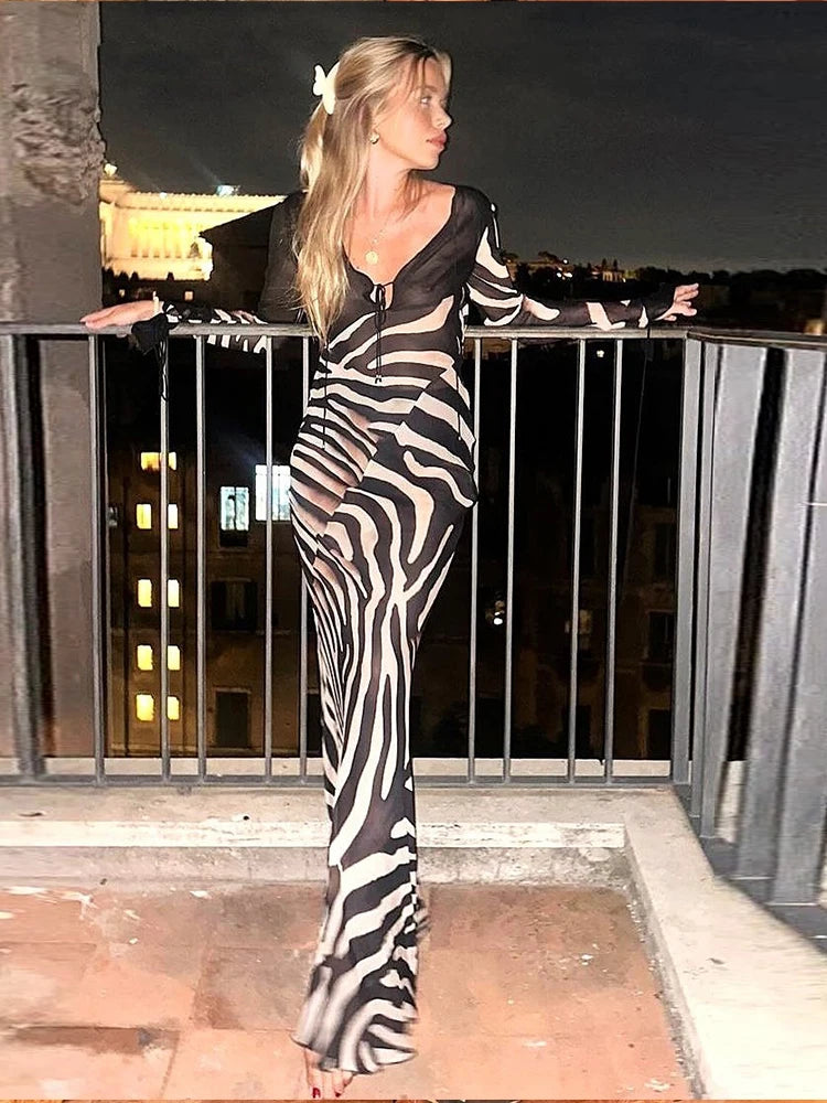 kliou Patchwork Stunning Women Maxi Dress Sexy Hot Sheer Low Neck Full Sleeve Straight Bodycon Female Popular Party Long Robe