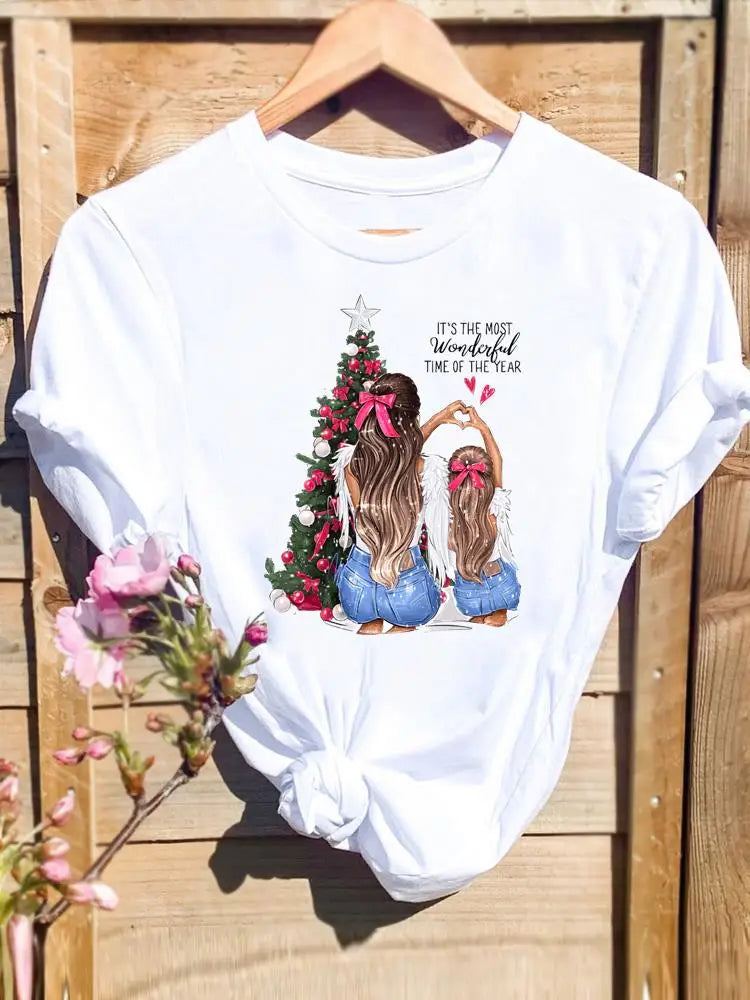 Merry Christmas New Year Holiday Graphic T Tee Fashion Cat Tree Lovely 90s Cute Harajuku Kawaii T-shirt Women's Y2K Clothing