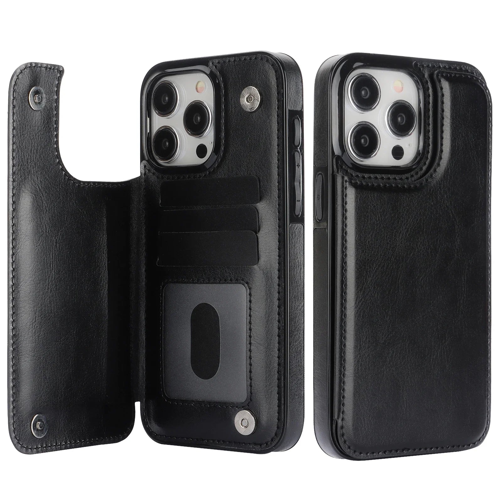 Wallet Double Button With Card Slot Stand Flip Leather Case For iPhone 16e 16 Pro Max 15 Plus 14 13 12 Mini 11 SE3 SE2 X XR 8 7