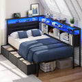 Corner Bed Frame with Storage Bookcase and LED Lights Twin Size Bed Frames with Upholstered Headboard and Charging Station
