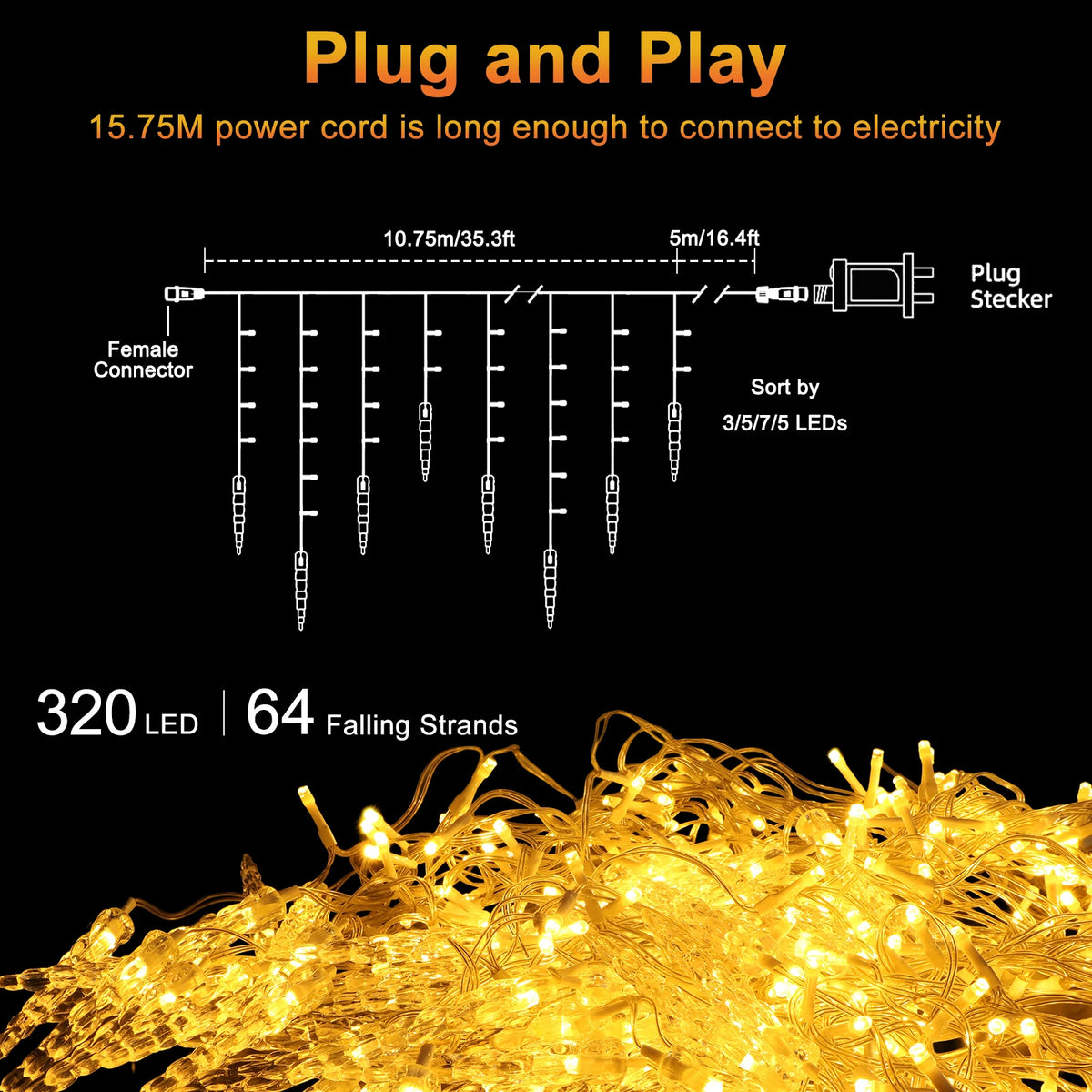 35ft 320 LED Icicle Christmas Lights, Dual Color Warm White & Cool White String Light, Connectable Up to 3 Sets with Remote Control, 11 Modes Timer Memory for Indoor Outdoor Holiday Decor