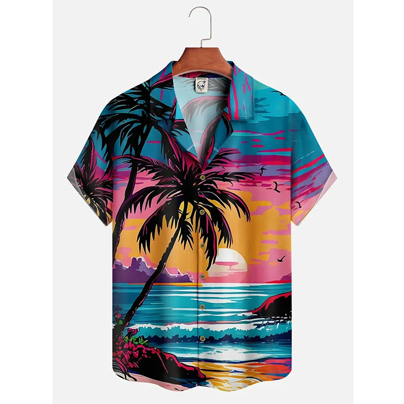Men's Hawaii Summer Dusk Pattern Casual Shirt 3D Beach Funny Short Sleeve Womens Clothes Blouse New Hot Sale Floral y2k Tops 4XL