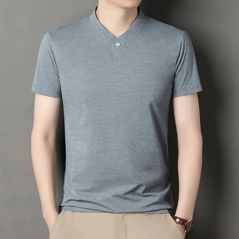2026 Korean Style Men's Casual and Fashionable One Button V-neck Solid Color Short Sleeved T-shirt Summer Versatile Top
