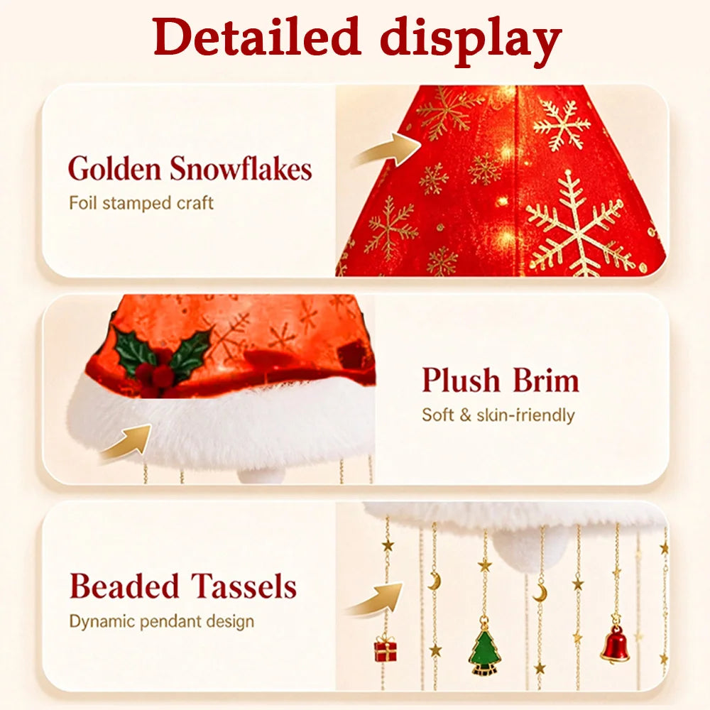 LED Santa Hat Hanging Light Christmas Pendant Lamp with Tassel Bell Star Ornaments Xmas Holiday Party Home Wall Ceiling Decor