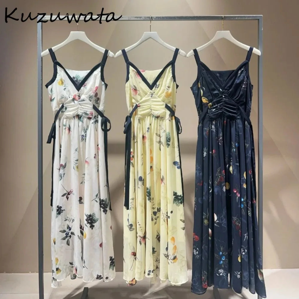 Kuzuwata Luxury Elegant V Neck Sling Dress Print Slim Vest Big Swing Lace Up Ruched Panelled Robe Japan French Exquisite Mujer