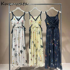 Kuzuwata Luxury Elegant V Neck Sling Dress Print Slim Vest Big Swing Lace Up Ruched Panelled Robe Japan French Exquisite Mujer
