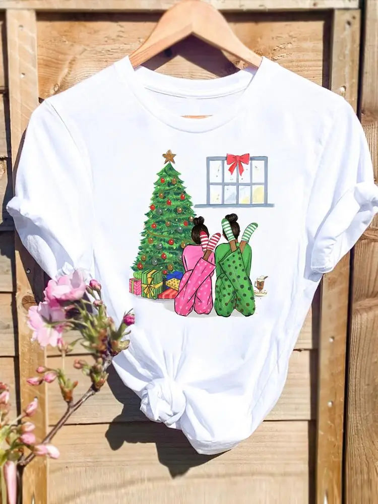 Merry Christmas New Year Holiday Graphic T Tee Fashion Cat Tree Lovely 90s Cute Harajuku Kawaii T-shirt Women's Y2K Clothing