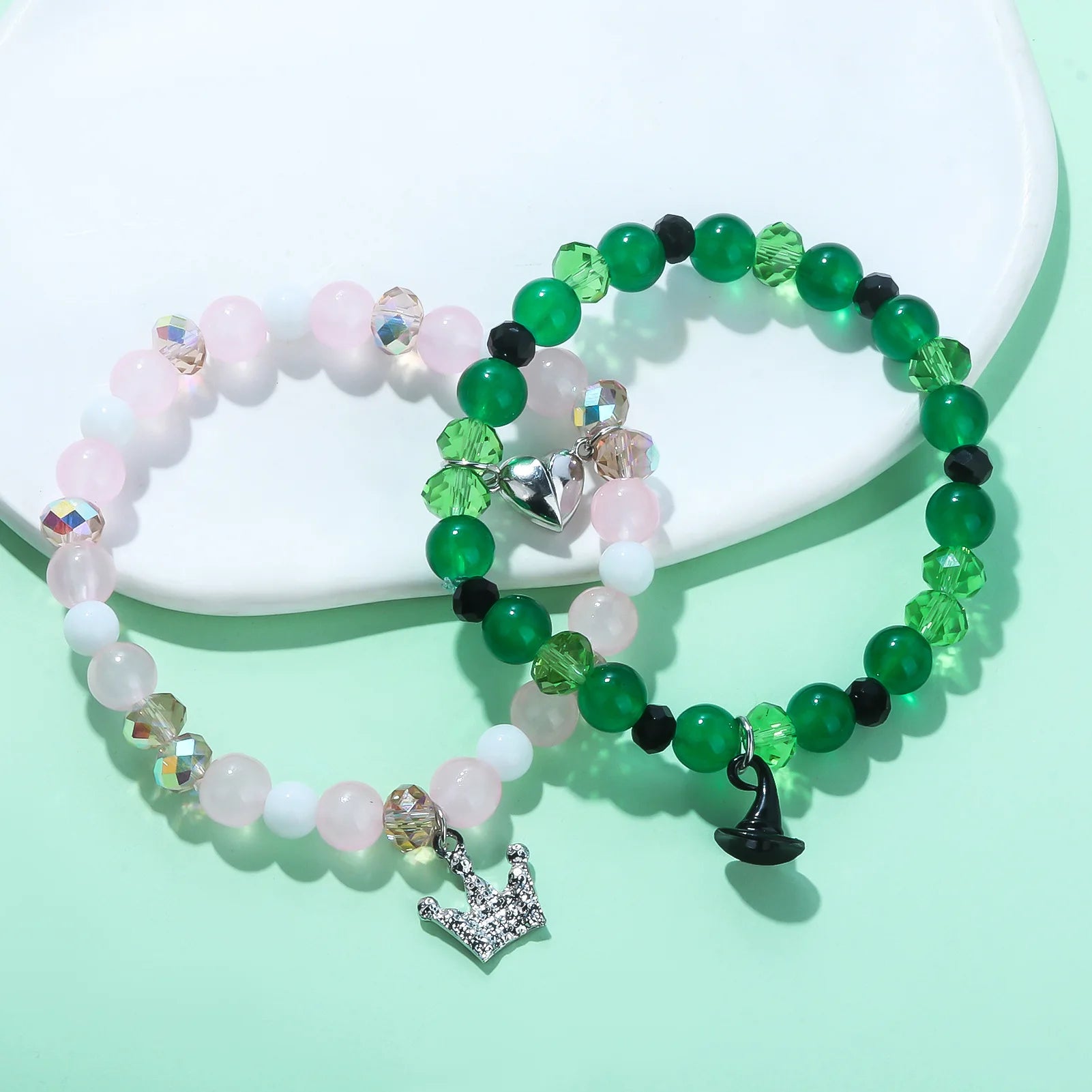 Wicked Charm Bracelets - Rhinestone Crown Witch Hat BFF Friendship Matching Couples Valentine's Day Gifts Jewelry for Fans Party