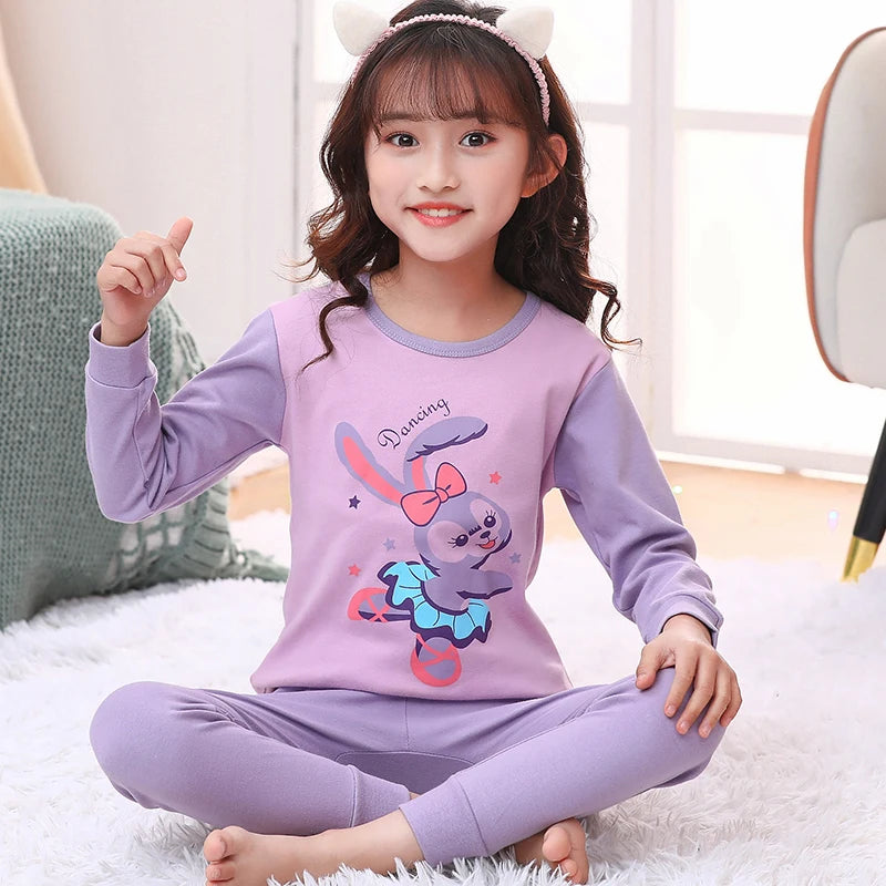 Girls' Pink Heart Cartoon Print Loungewear Set, Comfortable Spring/Autumn Sleepwear, Children's Pure Cotton Underwear