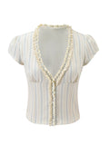 Chic Striped Shorts 2-piece Set Women Sexy Ruffled Short Sleeve V-neck Single Breasted Crop Top Sets Summer Female Clothing