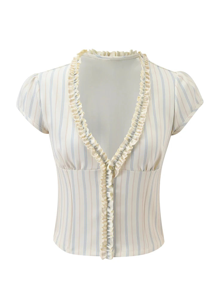 Chic Striped Shorts 2-piece Set Women Sexy Ruffled Short Sleeve V-neck Single Breasted Crop Top Sets Summer Female Clothing