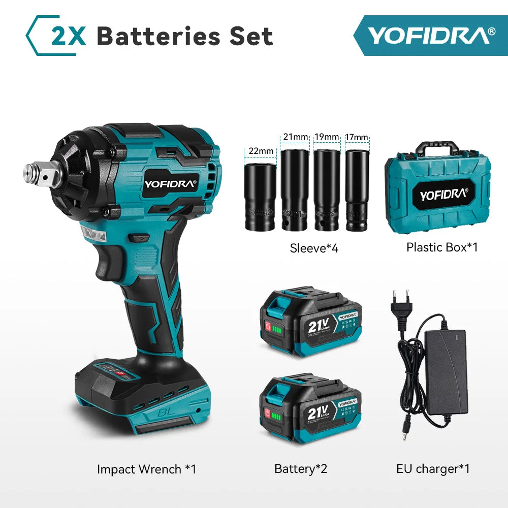 YOFIDRA 1000N.m Brushless Electric Impact Wrench 1/2" Cordless Rechargeable Socket Screwdriver Power Tool For Makita Battery Pin