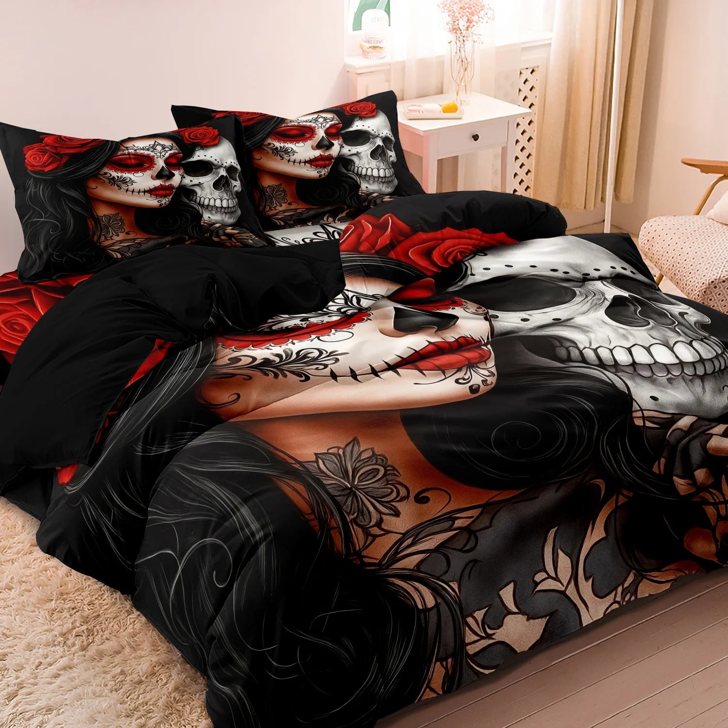 3Pcs Gothic Mexican Sugar Skull Woman Duvet Cover Bedding Set Floral & Skull Patterns - Ideal For Day Of The Dead Celebrations