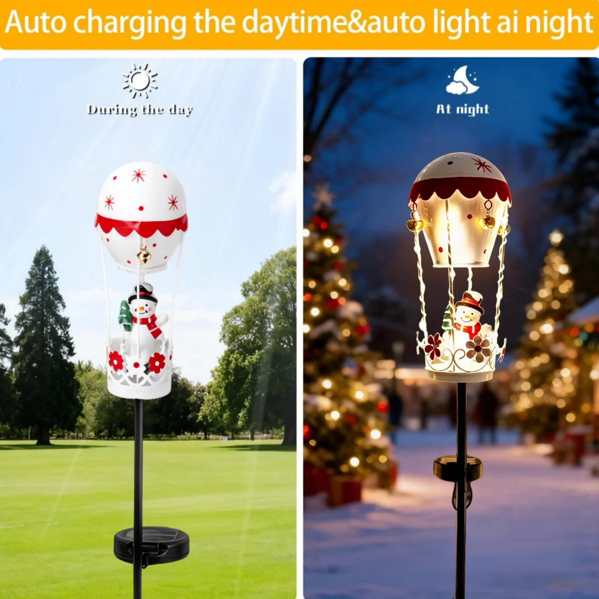 Outdoor Garden Solar Stake Light, Garden Iron Christmas Statue Light, Garden Solar Christmas Iron Santa Claus Sitting on a Hot Air balloon with Bells and Lights Inserted, for Yard Pathway Christmas Home Decor