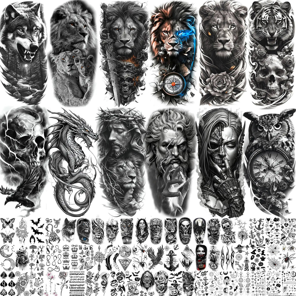 73 Sheets Cool Lion Wolf Temporary Tattoos For Men Women Waterproof Jesus Zeus Tatoos Realistic Fake Tattoo Arm Hands Stickers