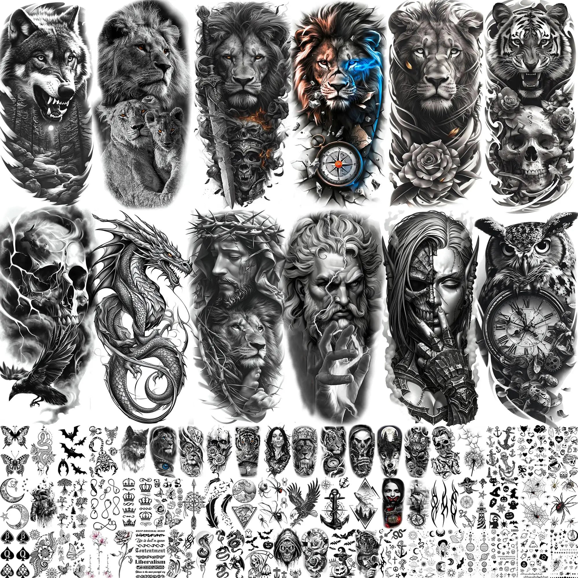 73 Sheets Cool Lion Wolf Temporary Tattoos For Men Women Waterproof Jesus Zeus Tatoos Realistic Fake Tattoo Arm Hands Stickers