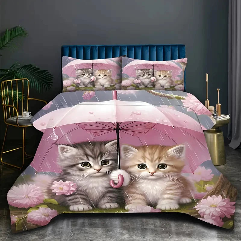 Cute Cat 3pcs Duvet Cover Set, 3D Digital Printed Duvet Cover, Soft Comfortable Breathable Bedding Set for Bedroom, Dorm