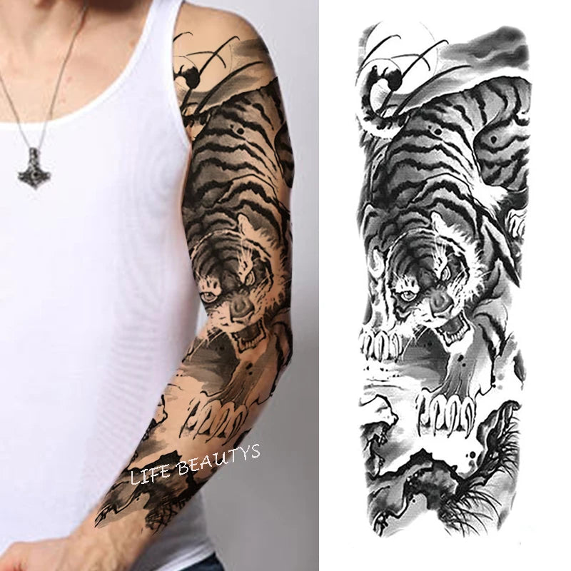 Waterproof Full Arm Temporary Tattoo Sticker Tiger Lion Wolf Eye For Man Women Body Art Sleeve Flash Fake Shoulder Tatoo