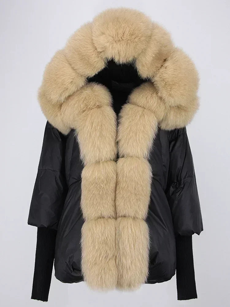 2024 Winter Puffer Jacket Women Real Fox Fur Collar Hooded Natural Thick Warm Loose Oversize Duck Down Coat Streetwear Outerwear