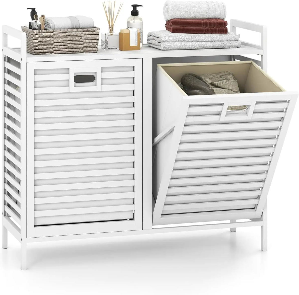 Giantex Bamboo Tilt Out Laundry Hamper Cabinet, Wicker Laundry Sorter