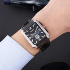 Men Watches Steel Fashion Elegant Rectangle Dial Steel Clock Quartz Watch Men's Silver-Black Cool Wristwatch Masculino Relogio