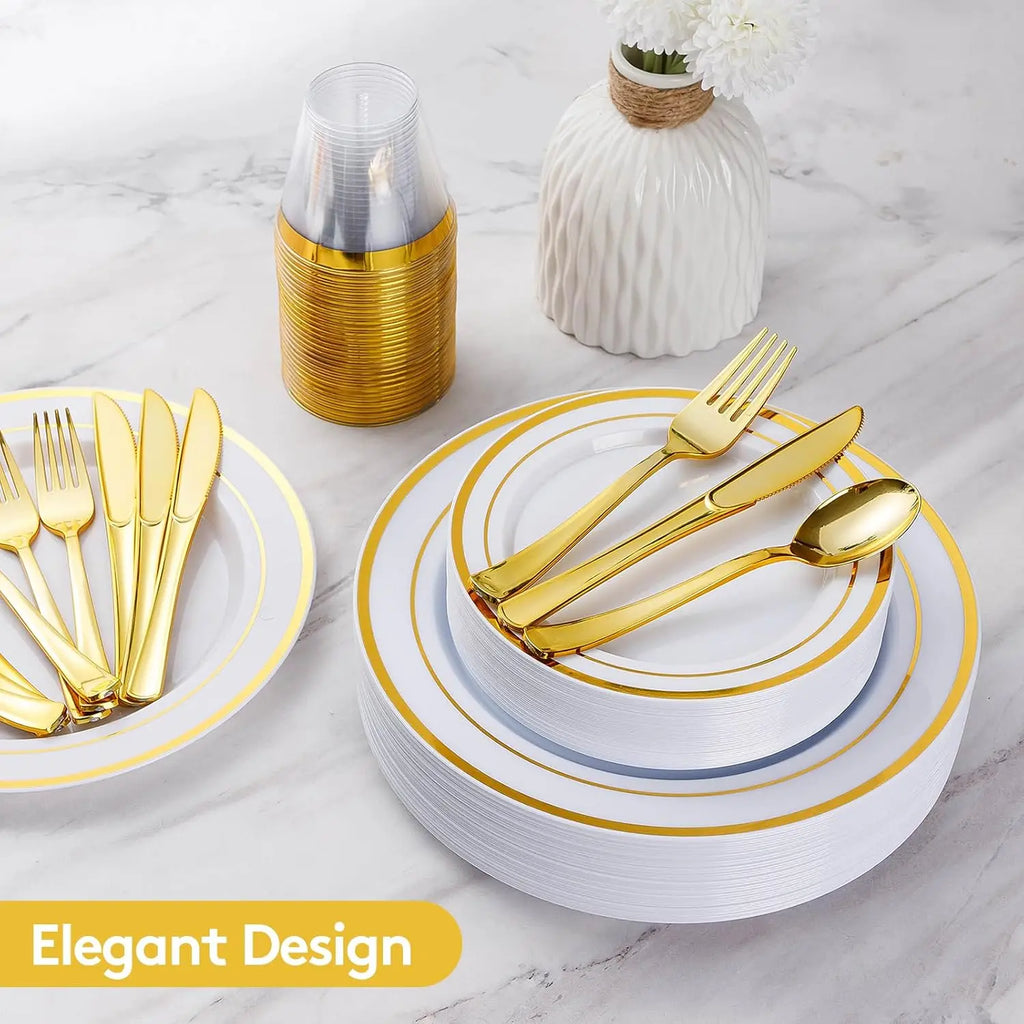 Disposable Gold Plastic Dinnerware Set for 100 Guests - 600 Pieces Includes 100 Dinner Plates, 100 Dessert Plates, 100 Forks, 100 Knives, 100 Spoons, 100 Cups, Party Supplies