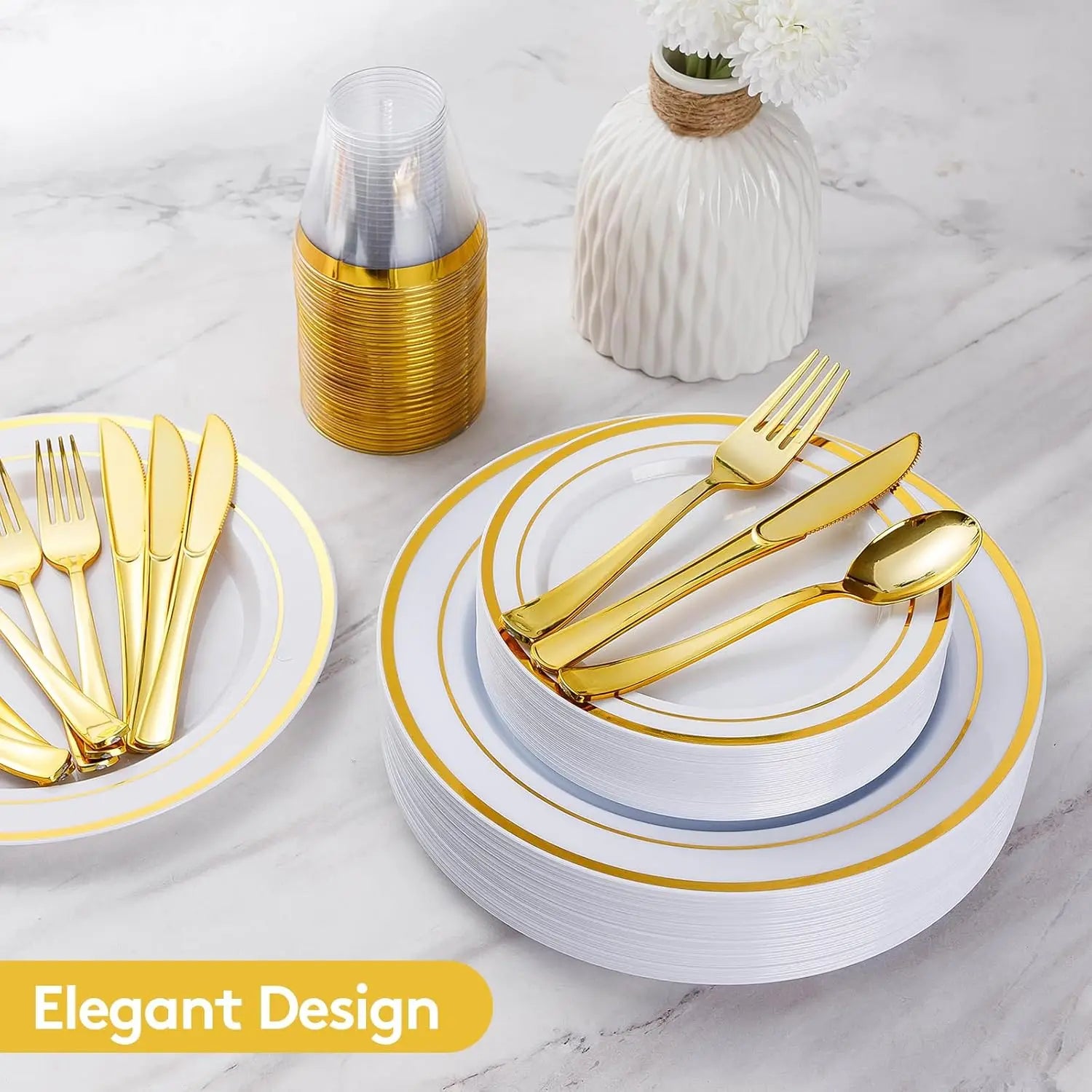 Disposable Gold Plastic Dinnerware Set for 100 Guests - 600 Pieces Includes 100 Dinner Plates, 100 Dessert Plates, 100 Forks, 100 Knives, 100 Spoons, 100 Cups, Party Supplies