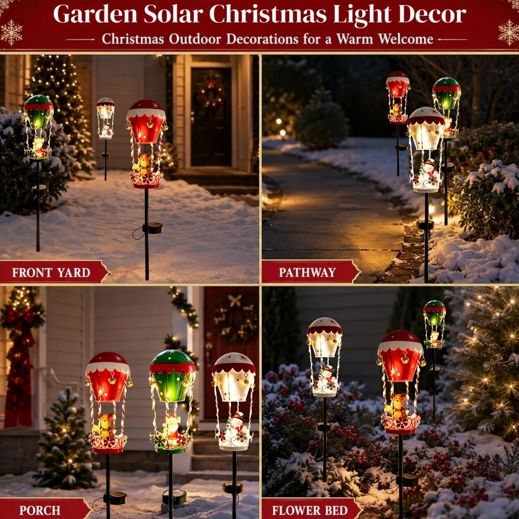 Outdoor Garden Solar Stake Light, Garden Iron Christmas Statue Light, Garden Solar Christmas Iron Santa Claus Sitting on a Hot Air balloon with Bells and Lights Inserted, for Yard Pathway Christmas Home Decor