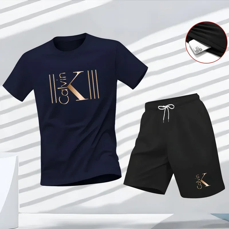 New summer fitness sportswear for men, short-sleeved T-shirt and shorts two-piece set, breathable and quick-drying casual wear.